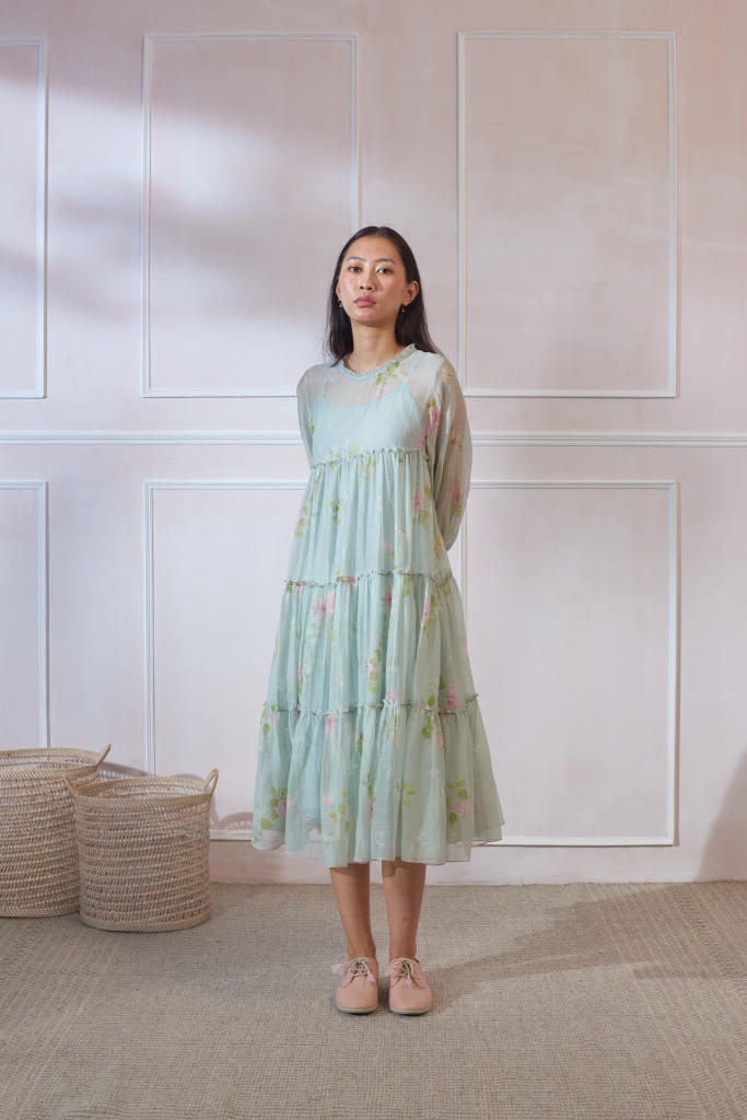Cha Cha Cha Hibiscus Midi Dress silk by Nadiya Paar in green color for women Worldwide