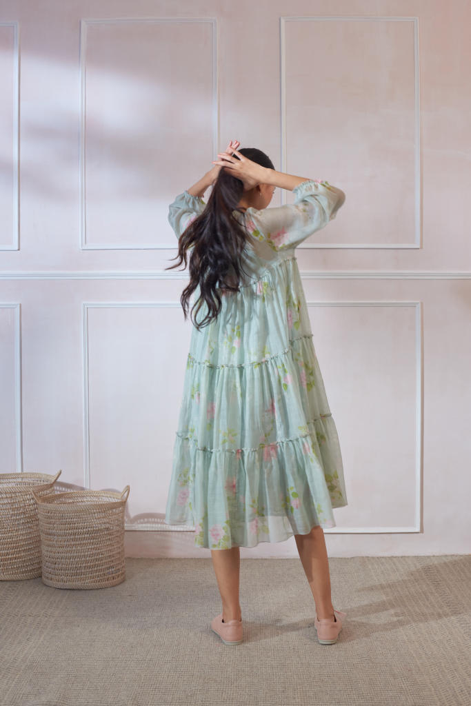 Cha Cha Cha Hibiscus Midi Dress silk by Nadiya Paar in green color for women Worldwide