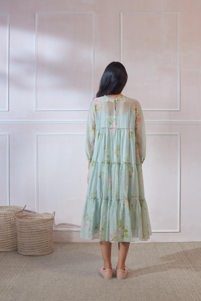 Cha Cha Cha Hibiscus Midi Dress silk by Nadiya Paar in green color for women Worldwide