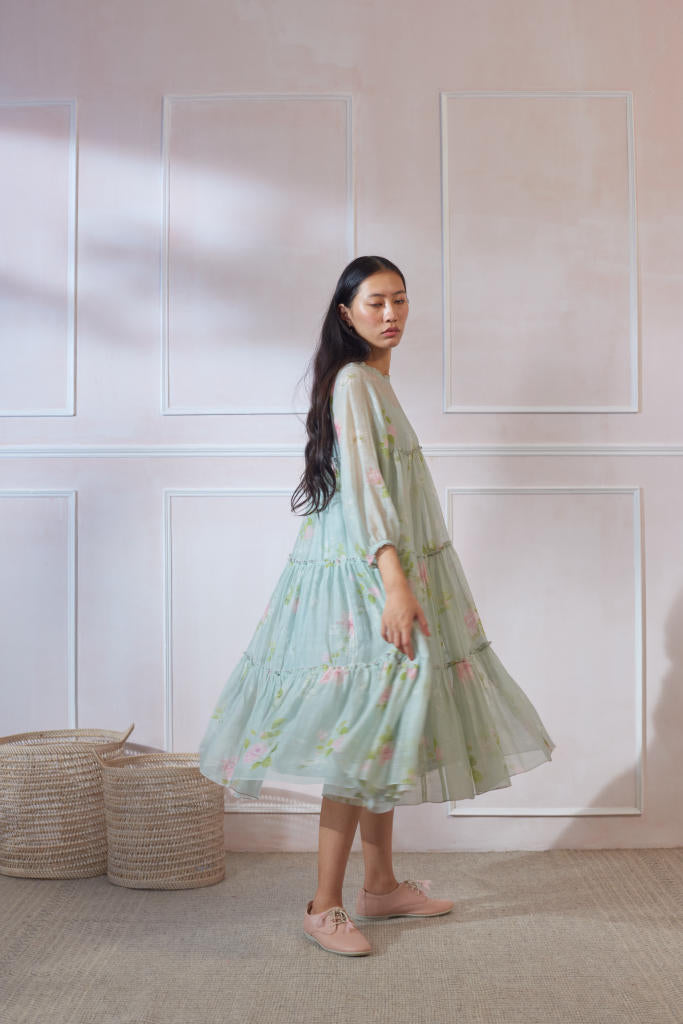 Cha Cha Cha Hibiscus Midi Dress silk by Nadiya Paar in green color for women Worldwide