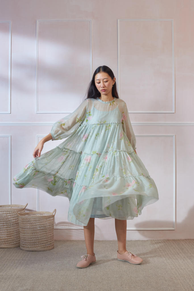Cha Cha Cha Hibiscus Midi Dress silk by Nadiya Paar in green color for women Worldwide