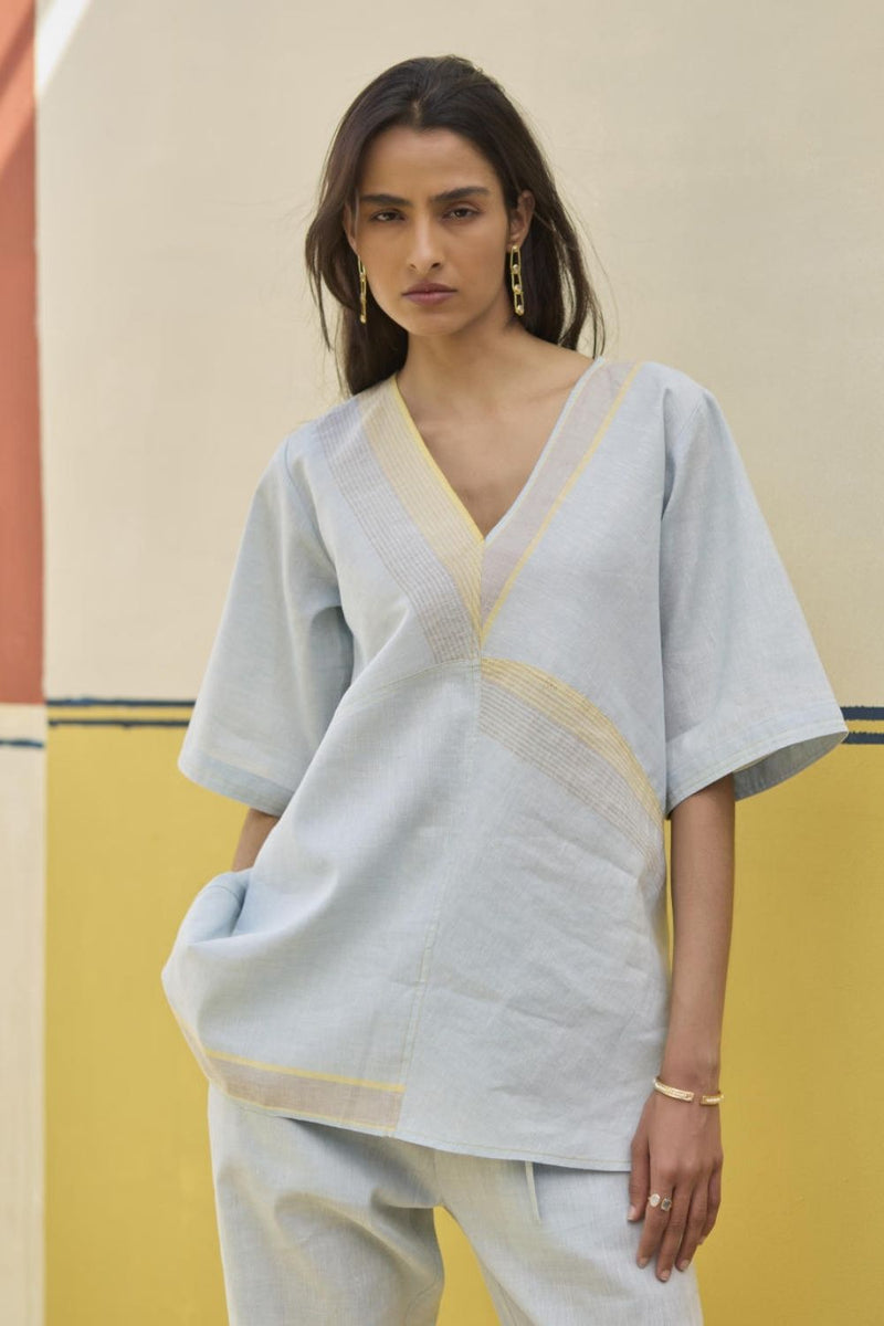 Moriko Border Linen Top - Sky by Manan in blue color for women Worldwide