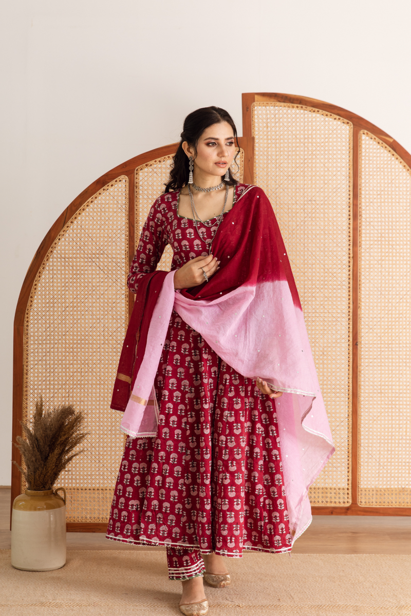 Gulaab gainda Kalidar set- red hand block printed cotton kalidar set cotton by Maison Shefali in red color for women Worldwide