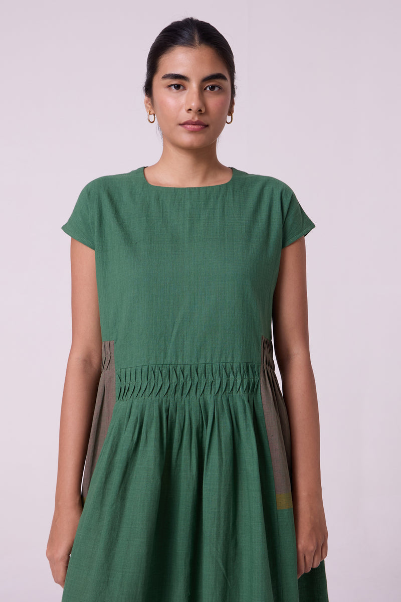 Mori Green Colourblocked Handwoven Midi Dress handwoven cotton dress by The Summer House in green for women Worldwide