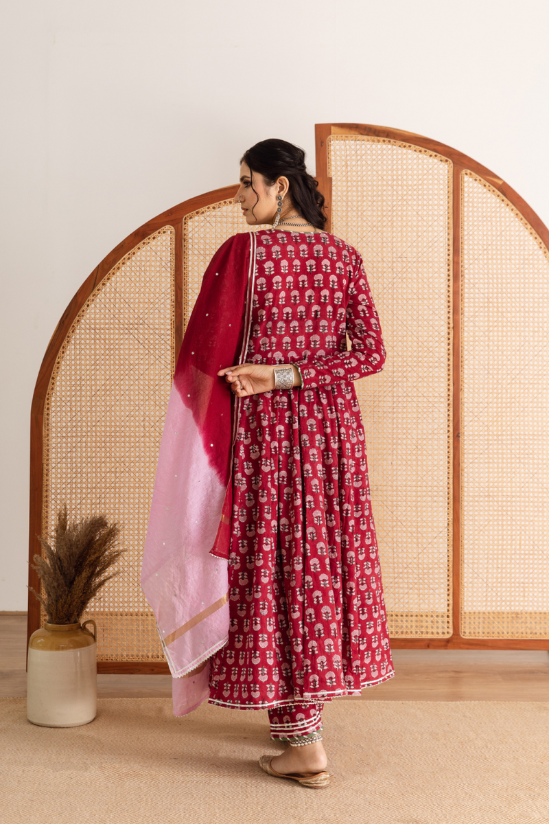 Gulaab gainda Kalidar set- red hand block printed cotton kalidar set cotton by Maison Shefali in red color for women Worldwide