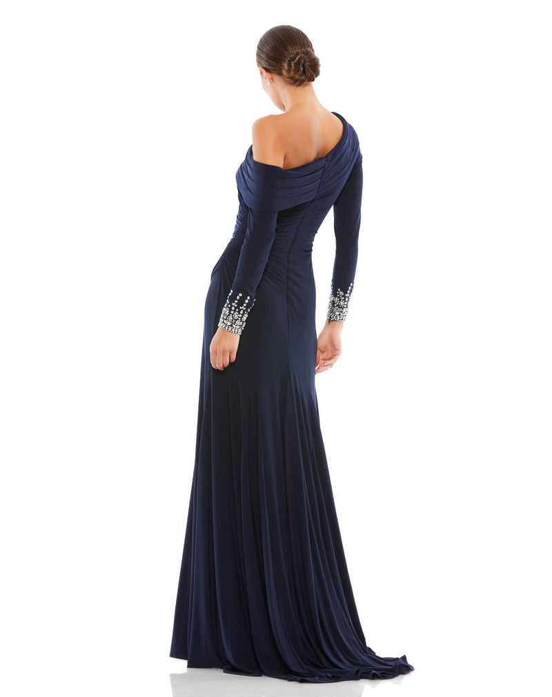 12231-Beaded Cuff Drop Shoulder Faux Wrap Gown by Mac Duggal for women Worldwide