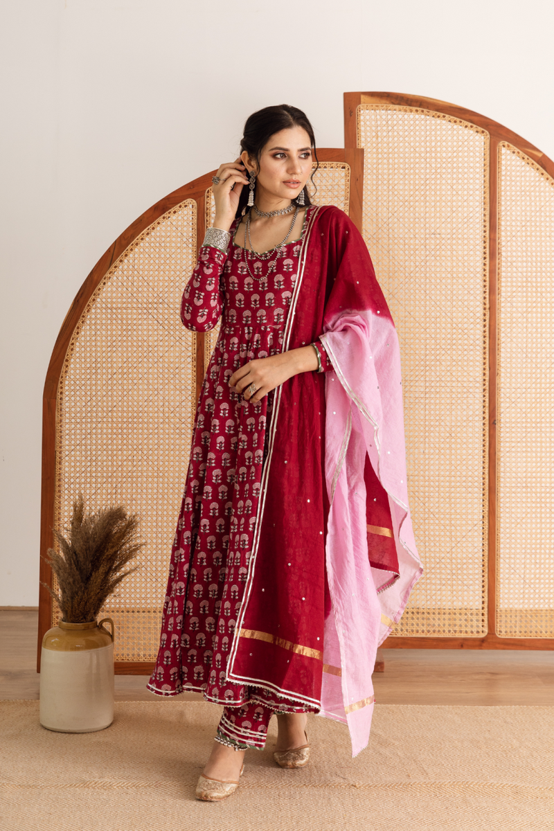 Gulaab gainda Kalidar set- red hand block printed cotton kalidar set cotton by Maison Shefali in red color for women Worldwide