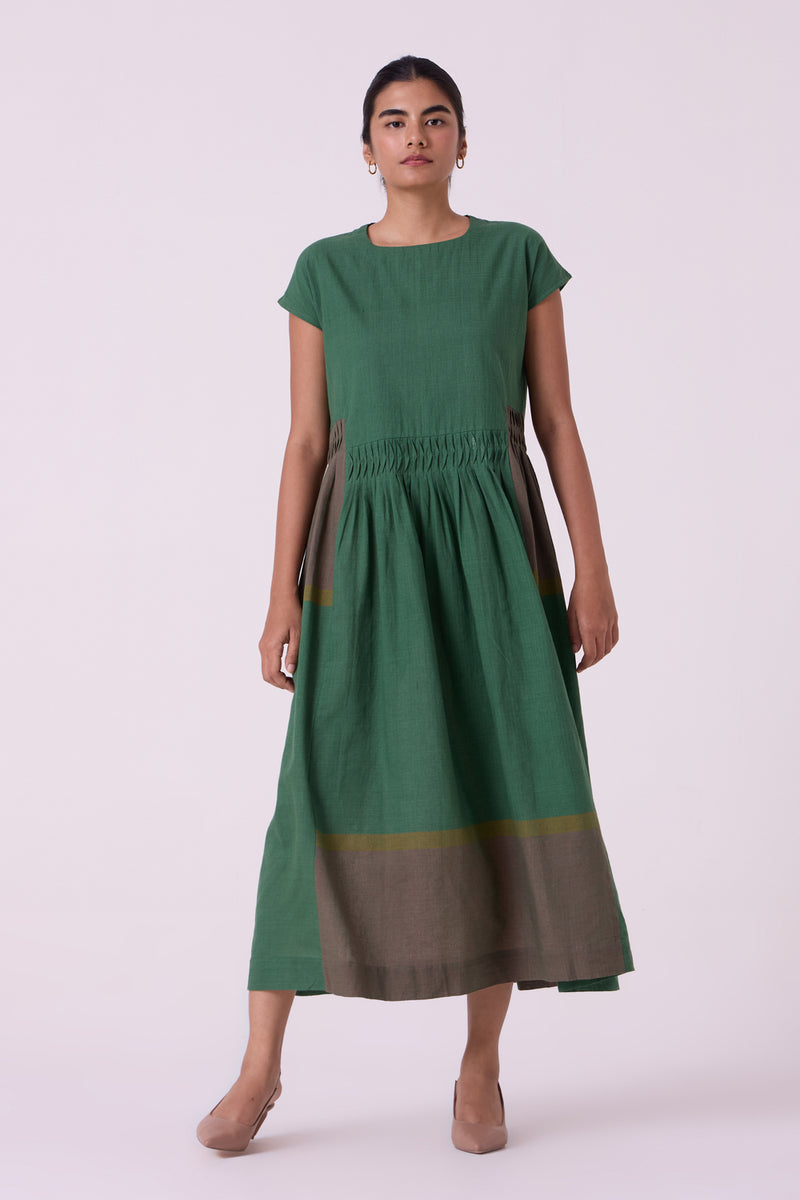 Mori Green Colourblocked Handwoven Midi Dress handwoven cotton dress by The Summer House in green for women Worldwide