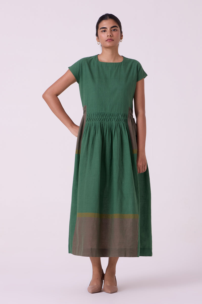 Mori Green Colourblocked Handwoven Midi Dress handwoven cotton dress by The Summer House in green for women Worldwide