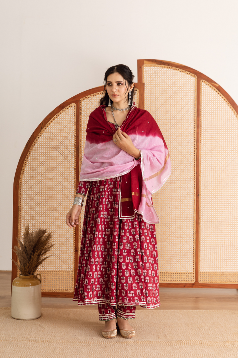 Gulaab gainda Kalidar set- red hand block printed cotton kalidar set cotton by Maison Shefali in red color for women Worldwide