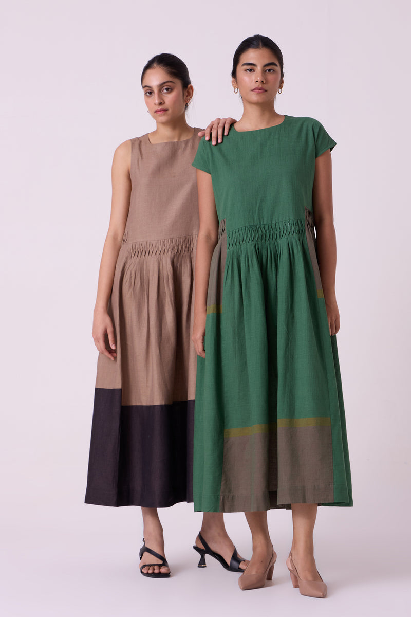 Mori Green Colourblocked Handwoven Midi Dress handwoven cotton dress by The Summer House in green for women Worldwide
