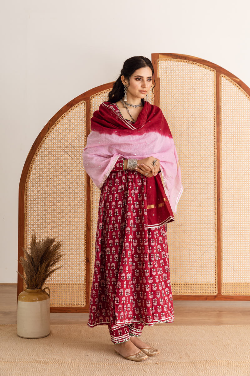 Gulaab gainda Kalidar set- red hand block printed cotton kalidar set cotton by Maison Shefali in red color for women Worldwide