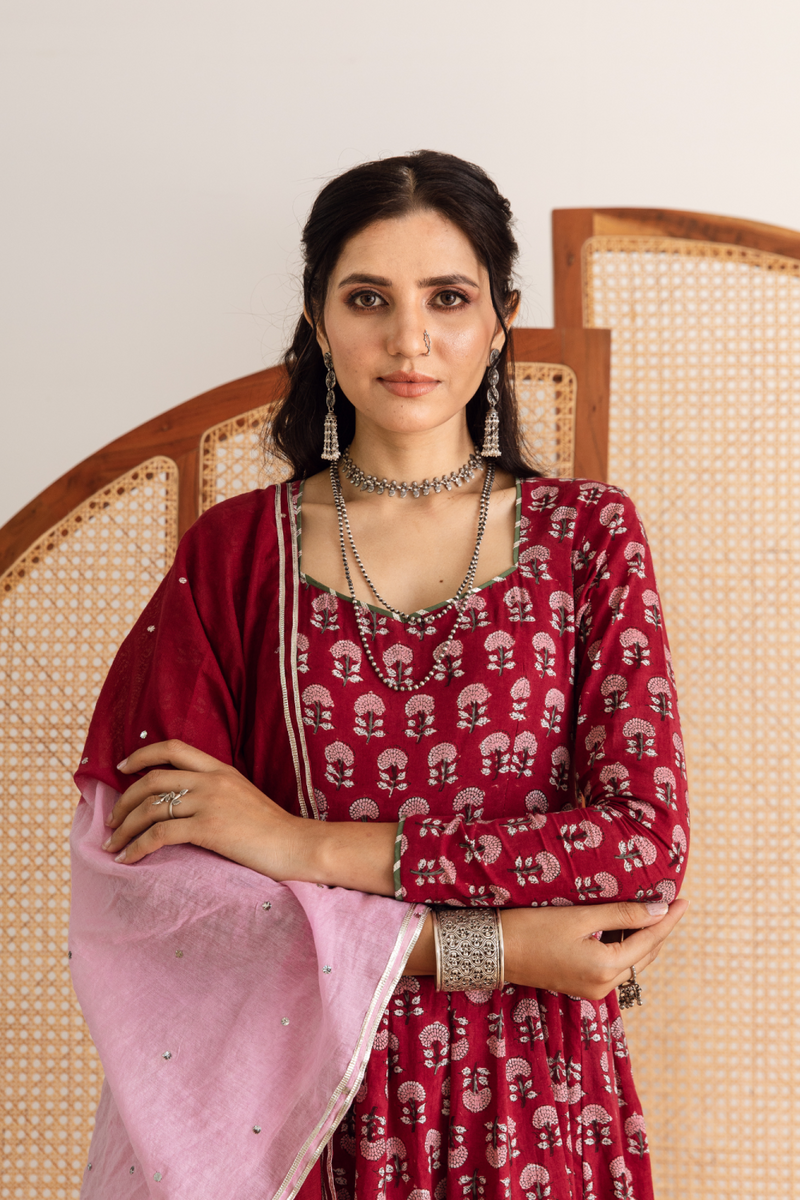 Gulaab gainda Kalidar set- red hand block printed cotton kalidar set cotton by Maison Shefali in red color for women Worldwide