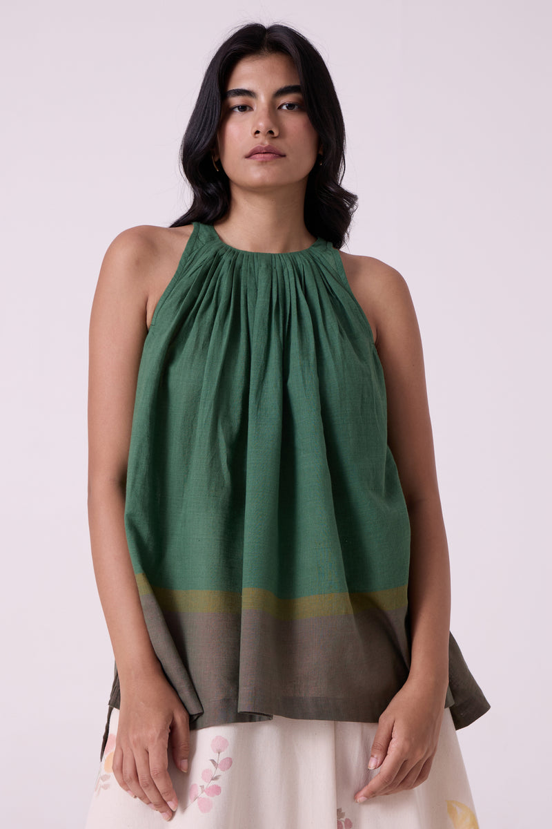 Margo Green Colourblocked Handwoven Top handwoven cotton top/shirt by The Summer House in green for women Worldwide
