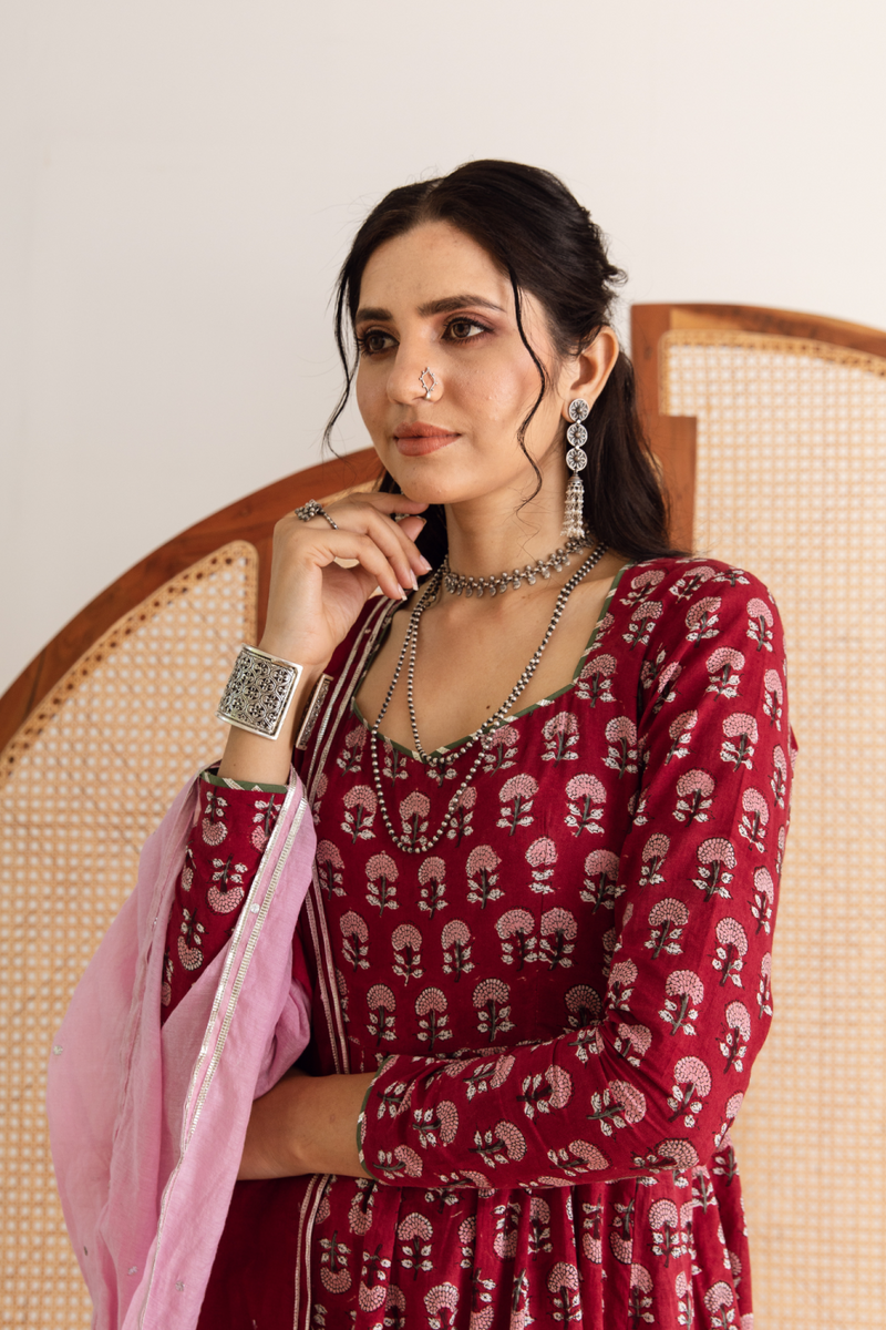 Gulaab gainda Kalidar set- red hand block printed cotton kalidar set cotton by Maison Shefali in red color for women Worldwide