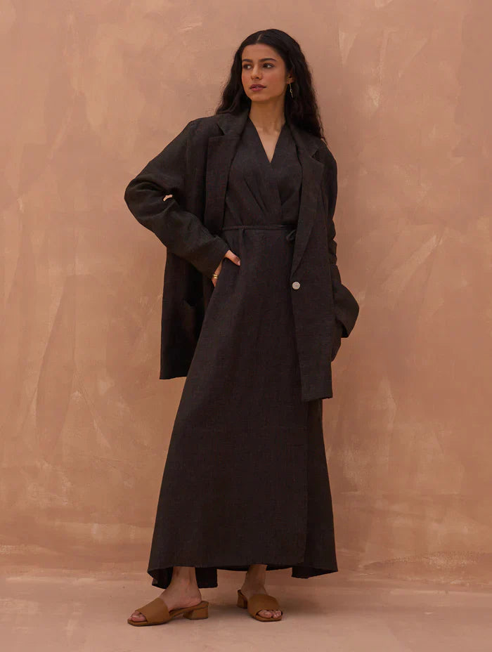 Maya Linen Wrap Dress - Charcoal by Manan in charcoal color for women Worldwide
