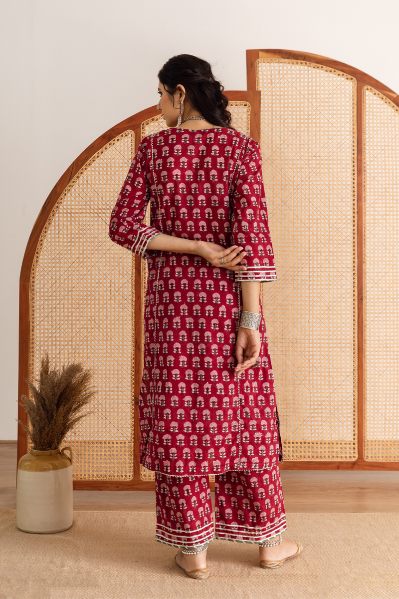 Gulaab gainda Kurta set- red hand block printed cotton kurta set cotton by Maison Shefali in red color for women Worldwide