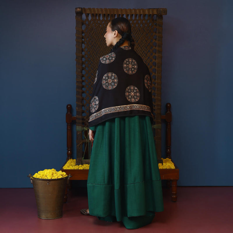 Baithak Green Flair Kali Kurta Set silk by PRAHNAAYA in green color for women Worldwide