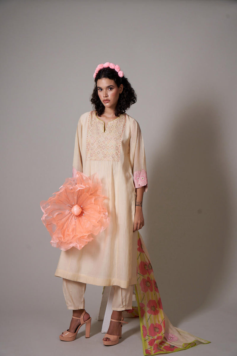 Gekka Sepia mul cotton silk kurta set silk by Priti Prashant for women Worldwide
