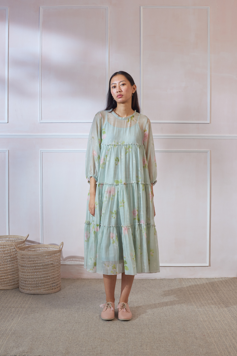 Cha Cha Cha Hibiscus Midi Dress silk by Nadiya Paar in green color for women Worldwide