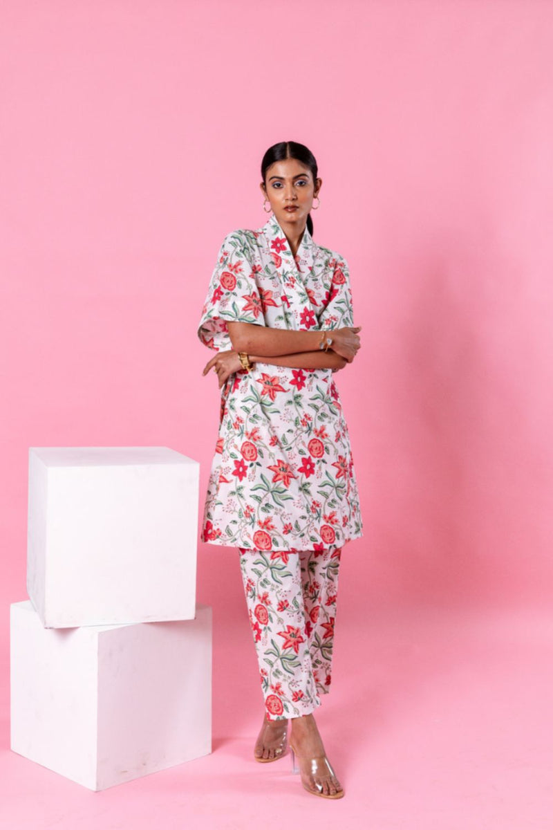 Pink Dahlia Kimono Co-Ord Co-ord Set by Marche in white color for women Worldwide