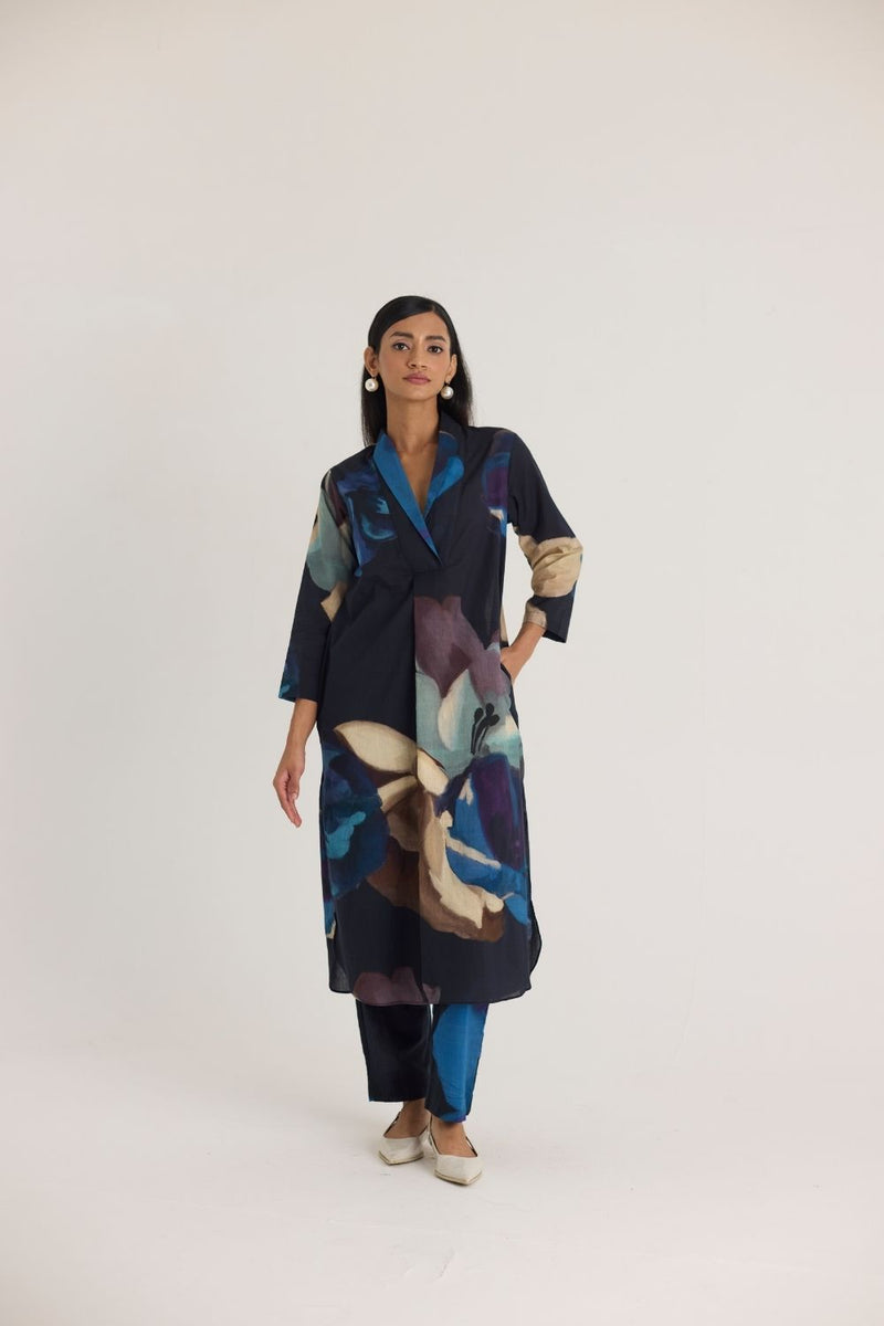 ROCCO SHAWL COLLAR KURTA SET cotton by Yam in black color for women Worldwide