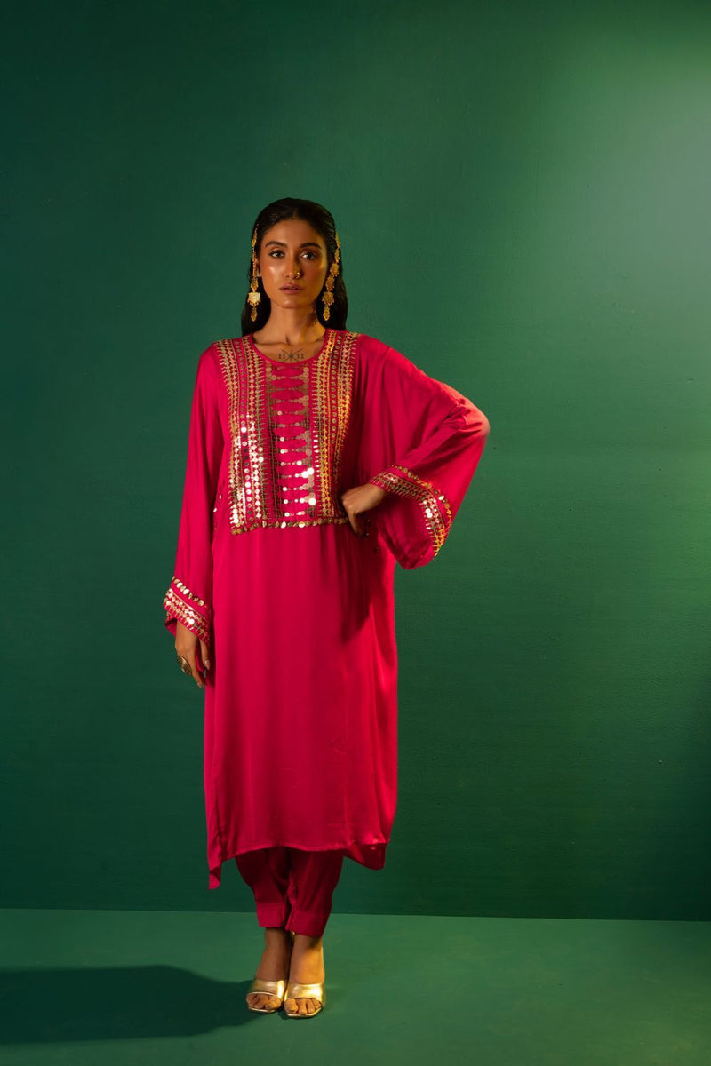 Chamakeen Marrakech Choga Kurta Set satin by PRAHNAAYA in pink color for women Worldwide