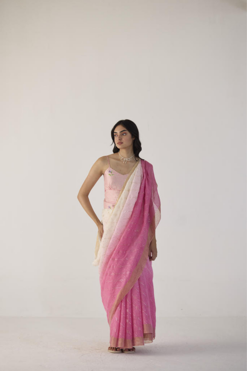 Pink Ombre Linen sari with Gold Dots Print by Nadiya Paar in pink color for women Worldwide