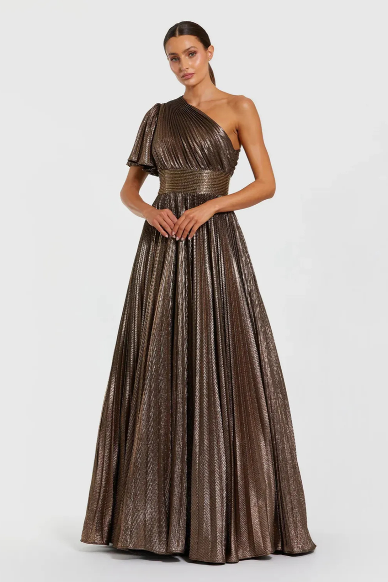 Brown One Shoulder Pleated Metallic Ball Gown by Mac Duggal for women Worldwide