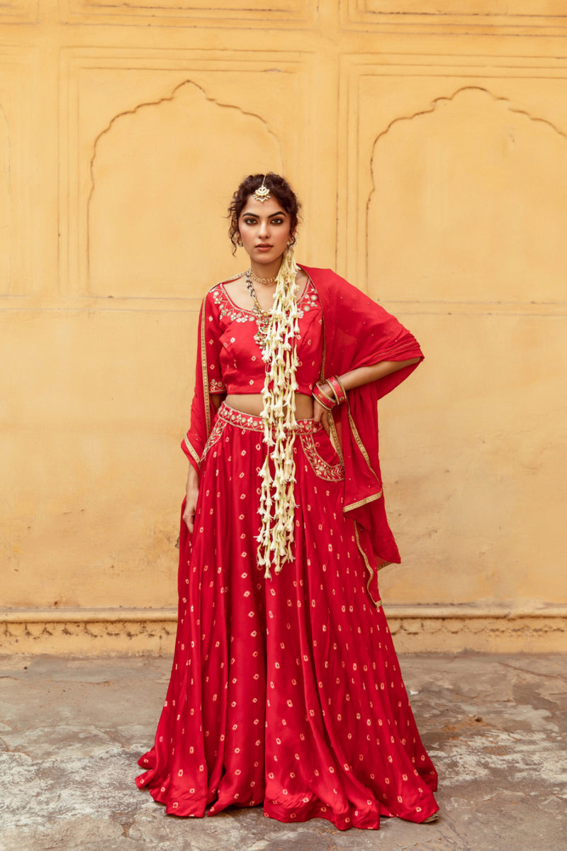 Red & White Bandhej Print Lehenga Set satin by Maison Shefali in multi color for women Worldwide