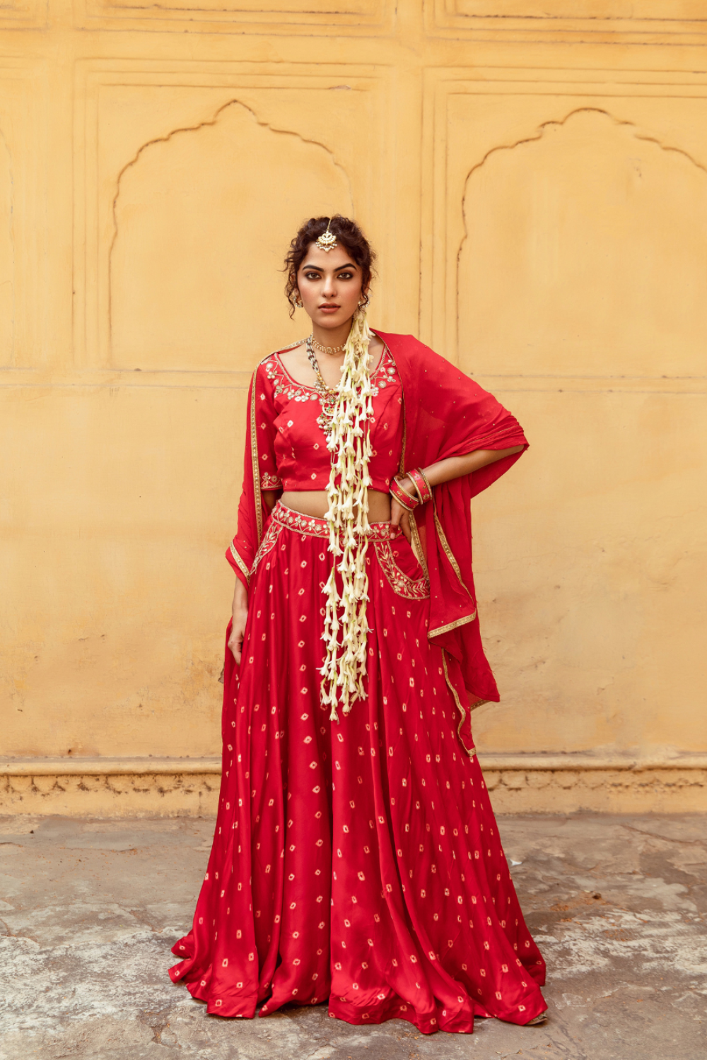 Red & White Bandhej Print Lehenga Set