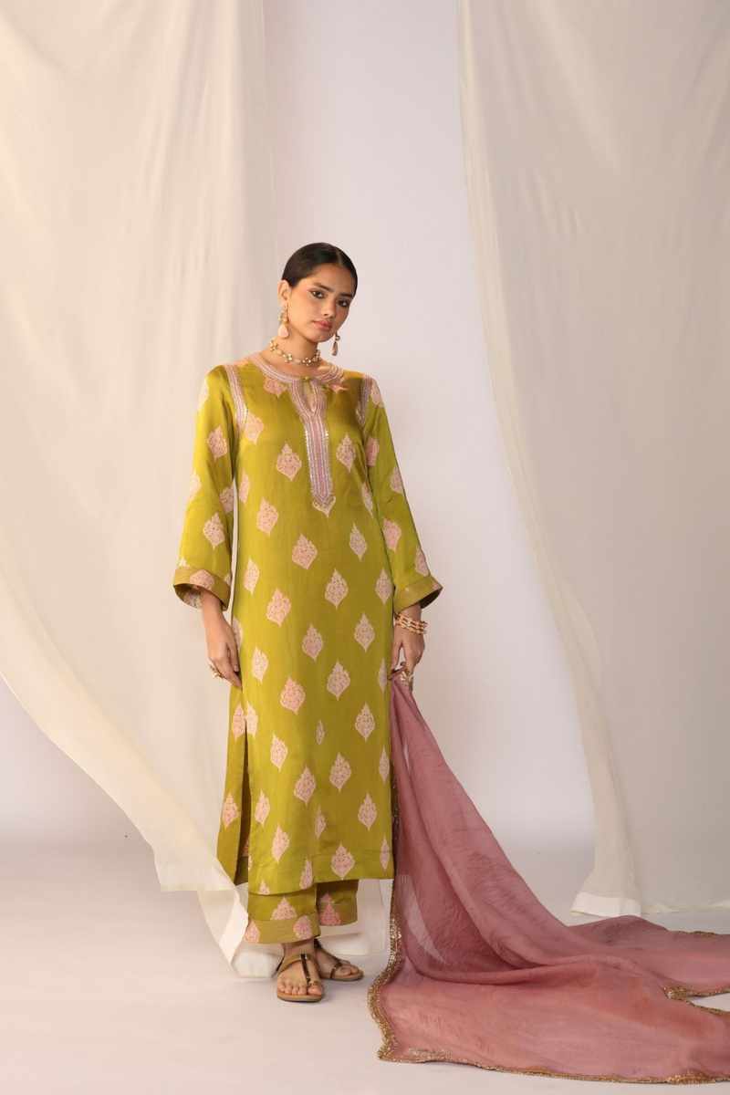 Block printed satin kurta set with organza dupatta satin by Myoho in green color for women Worldwide