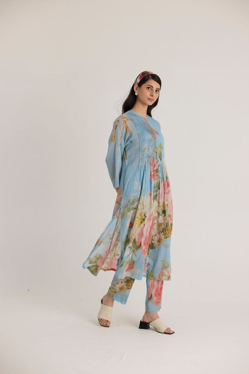 TAFFY PINTUCKS KURTA SET cotton by Yam in blue color for women Worldwide