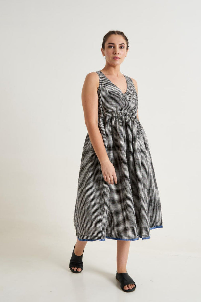 Checkered Front Tie-up midi dress - Black& White Checks cotton by World of Crow for women Worldwide