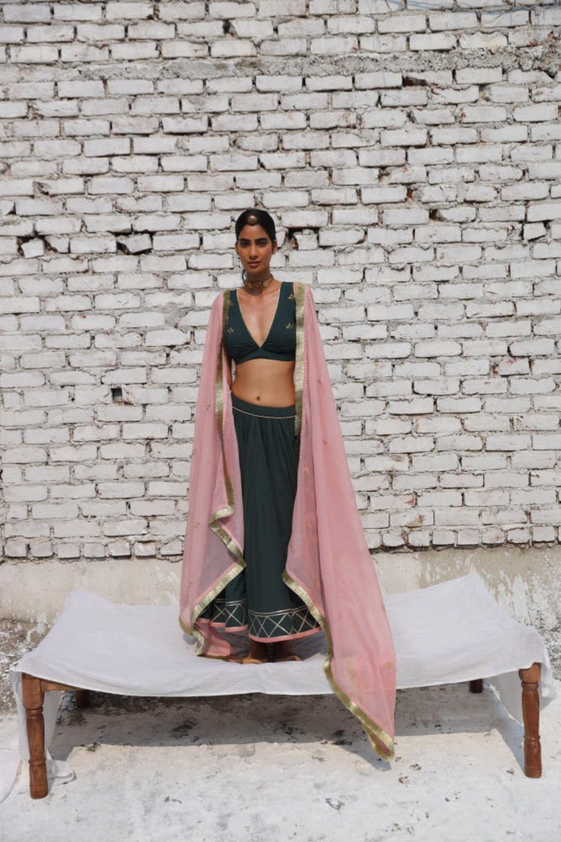 Noor ghagra set cotton Lehenga Sets by Khara Kapas in green for women Worldwide