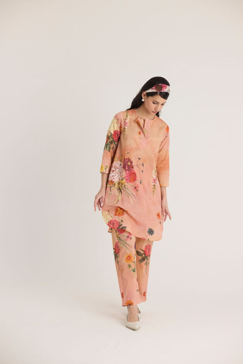 BUTTERCUP SHORT KURTA SET cotton by Yam in peach color for women Worldwide