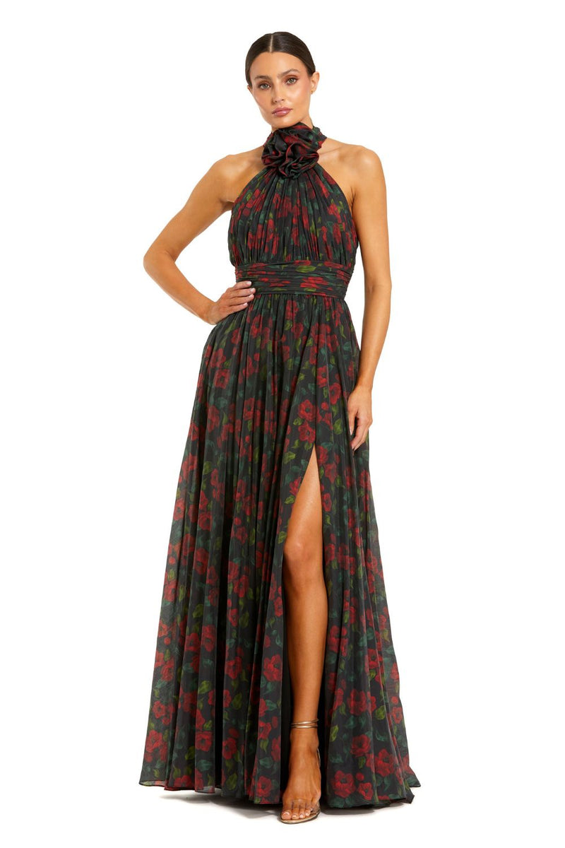 27692-Black Floral Print Halter Neck Gown with Rosette Detail chiffon by Mac Duggal in multi color for women Worldwide