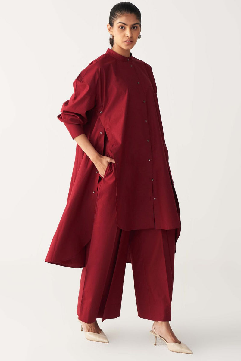 SIDE BUTTON TUNIC-MADDER RED poplin by THREE in red color for women Worldwide