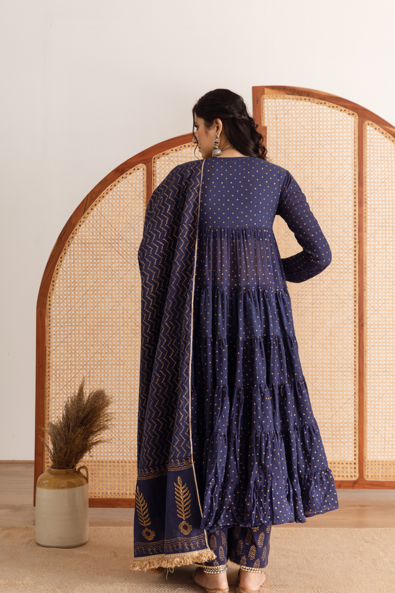 Neela Kurta Set - blue hand printed cotton kalidar suit set cotton by Maison Shefali in blue color for women Worldwide