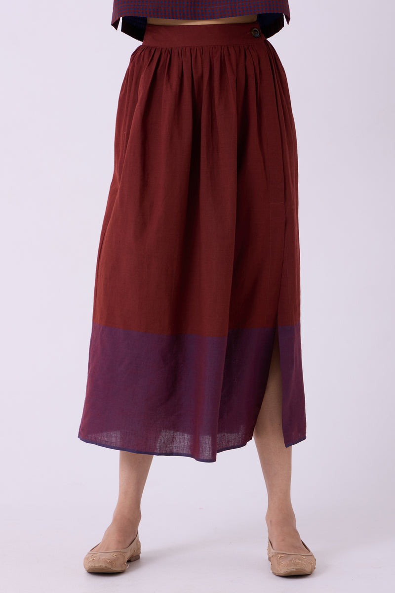 Fuwari Brown Colourblocked Handwoven Midi Skirt handwoven cotton skirt by The Summer House in brown for women Worldwide