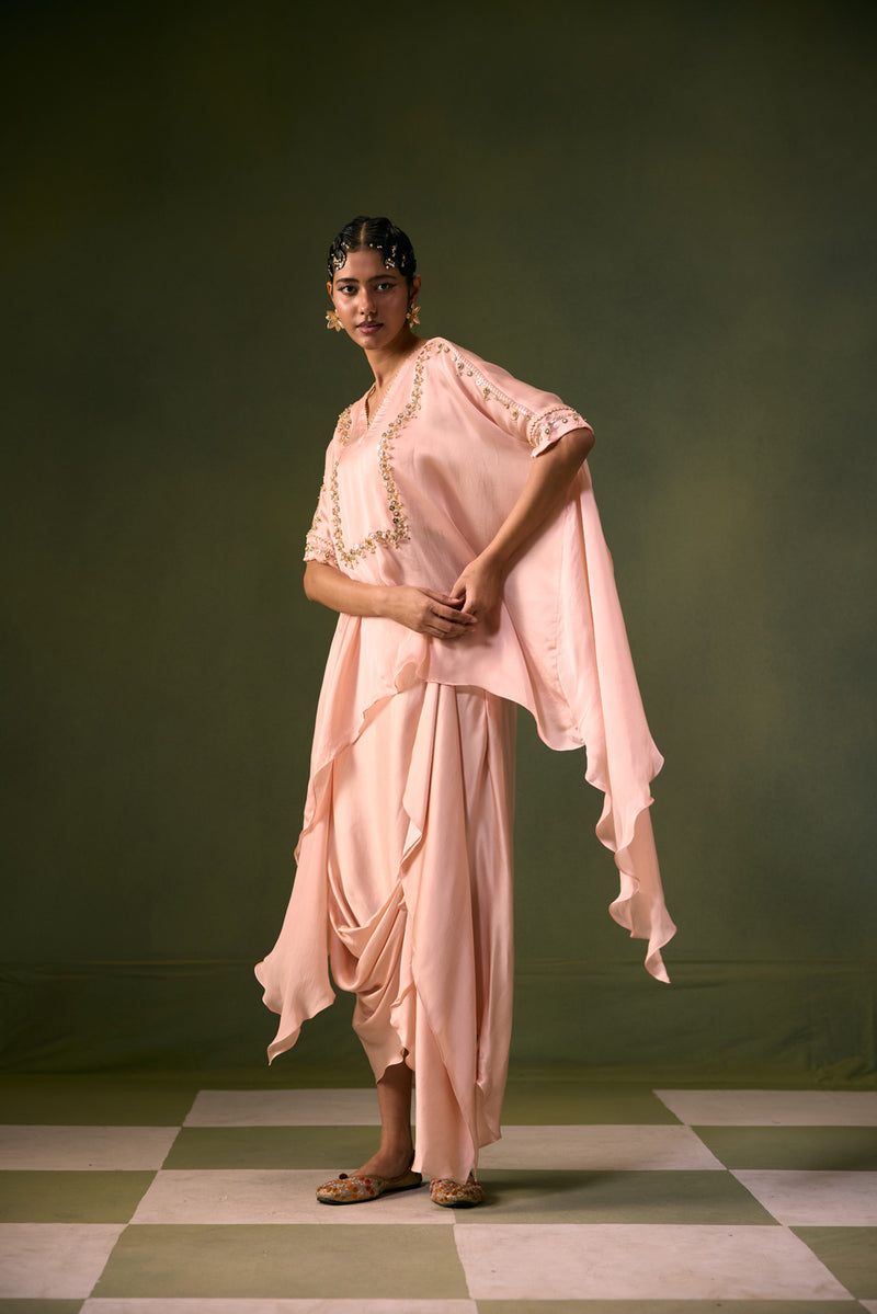 Cove Lite Antifit Asymmetric Top & Cowl Skirt satin, organza satin indo-western by PRAHNAAYA in pink for women Worldwide