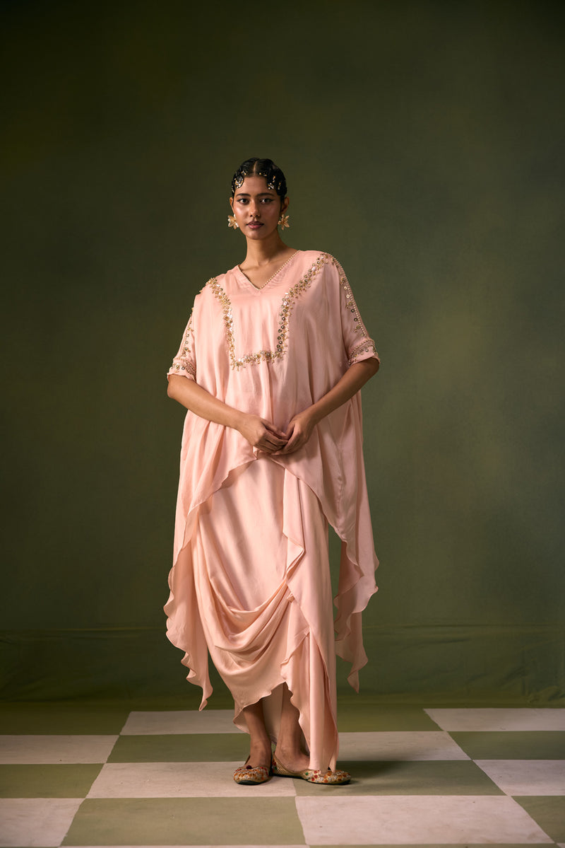 Cove Lite Antifit Asymmetric Top & Cowl Skirt satin, organza satin indo-western by PRAHNAAYA in pink for women Worldwide