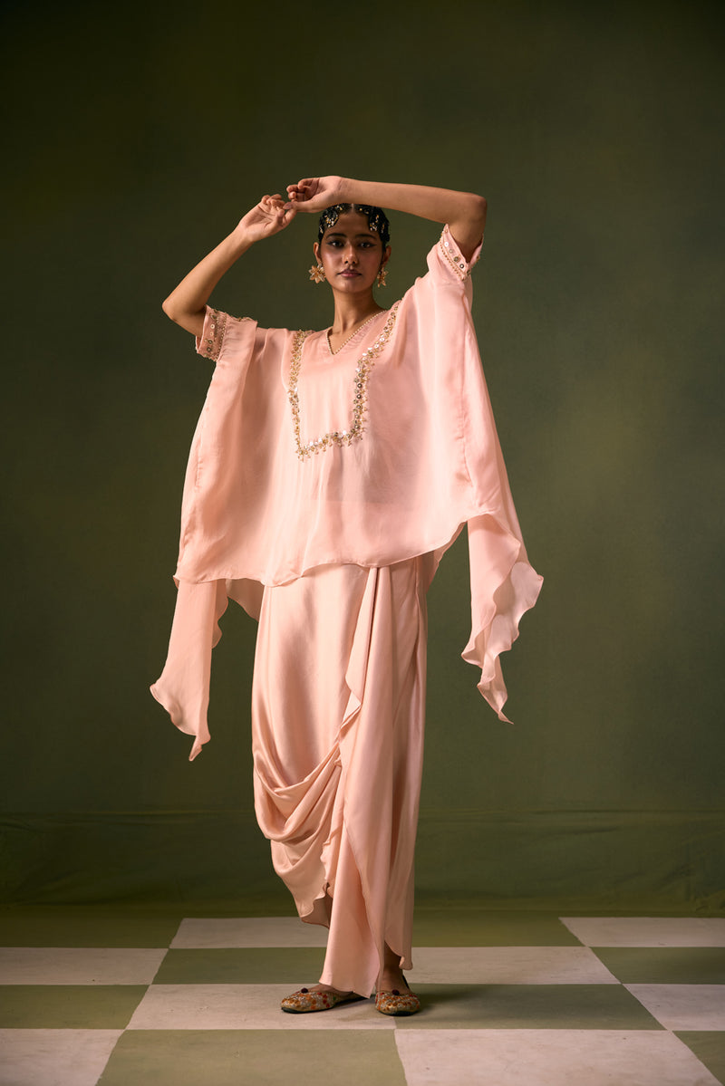Cove Lite Antifit Asymmetric Top & Cowl Skirt satin, organza satin indo-western by PRAHNAAYA in pink for women Worldwide