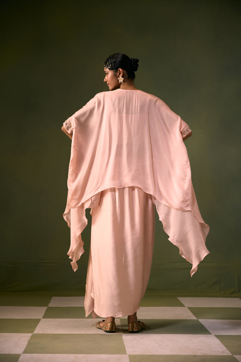 Cove Lite Antifit Asymmetric Top & Cowl Skirt satin, organza satin indo-western by PRAHNAAYA in pink for women Worldwide