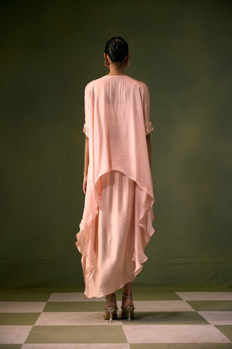 Cove Lite Antifit Asymmetric Top & Cowl Skirt satin, organza satin indo-western by PRAHNAAYA in pink for women Worldwide