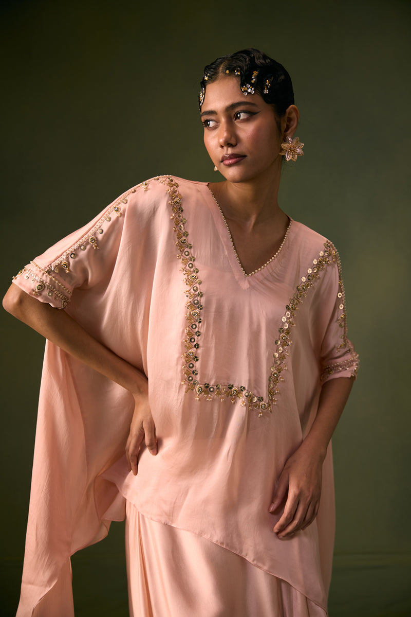 Cove Lite Antifit Asymmetric Top & Cowl Skirt satin, organza satin indo-western by PRAHNAAYA in pink for women Worldwide