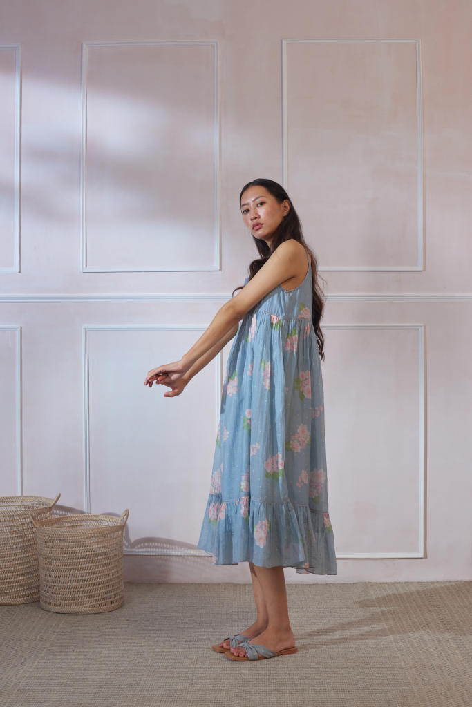 A Day On The Beach Midi Hazari Mogra silk by Nadiya Paar in blue color for women Worldwide