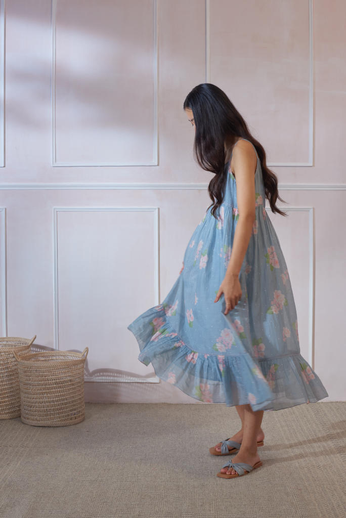 A Day On The Beach Midi Hazari Mogra silk by Nadiya Paar in blue color for women Worldwide