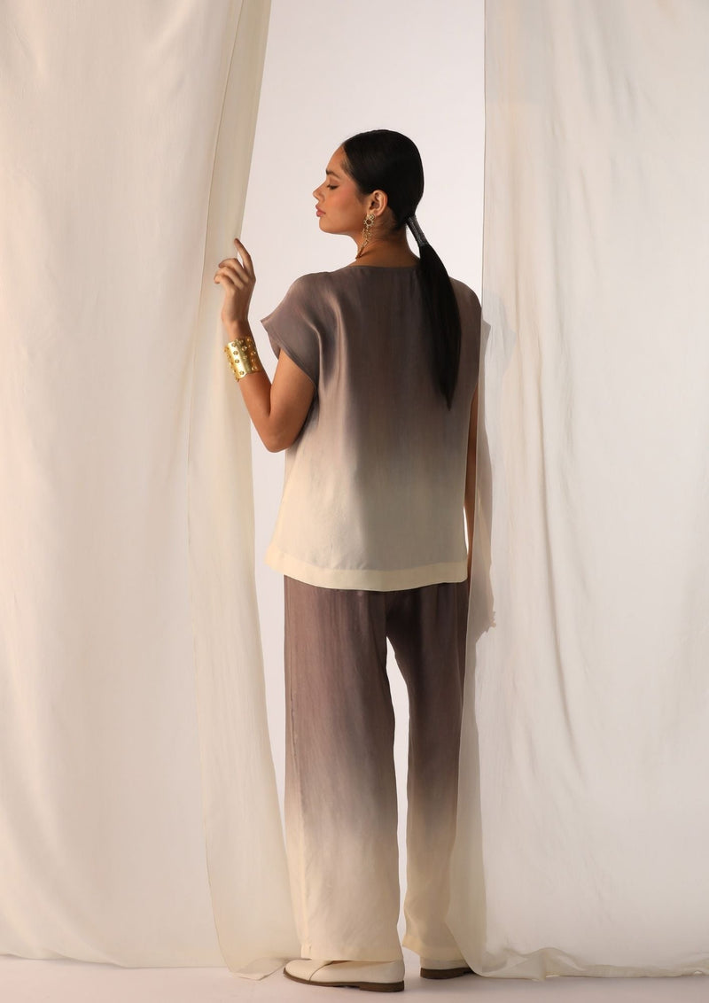 Linen satin ombre co-ord set with scatter hand work satin by Myoho in grey color for women Worldwide
