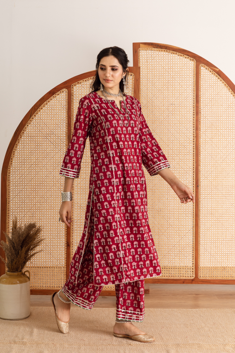 Gulaab gainda Kurta set- red hand block printed cotton kurta set cotton by Maison Shefali in red color for women Worldwide